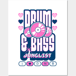 DRUM AND BASS  - 3 Records & Hearts (Navy/Pink) Posters and Art